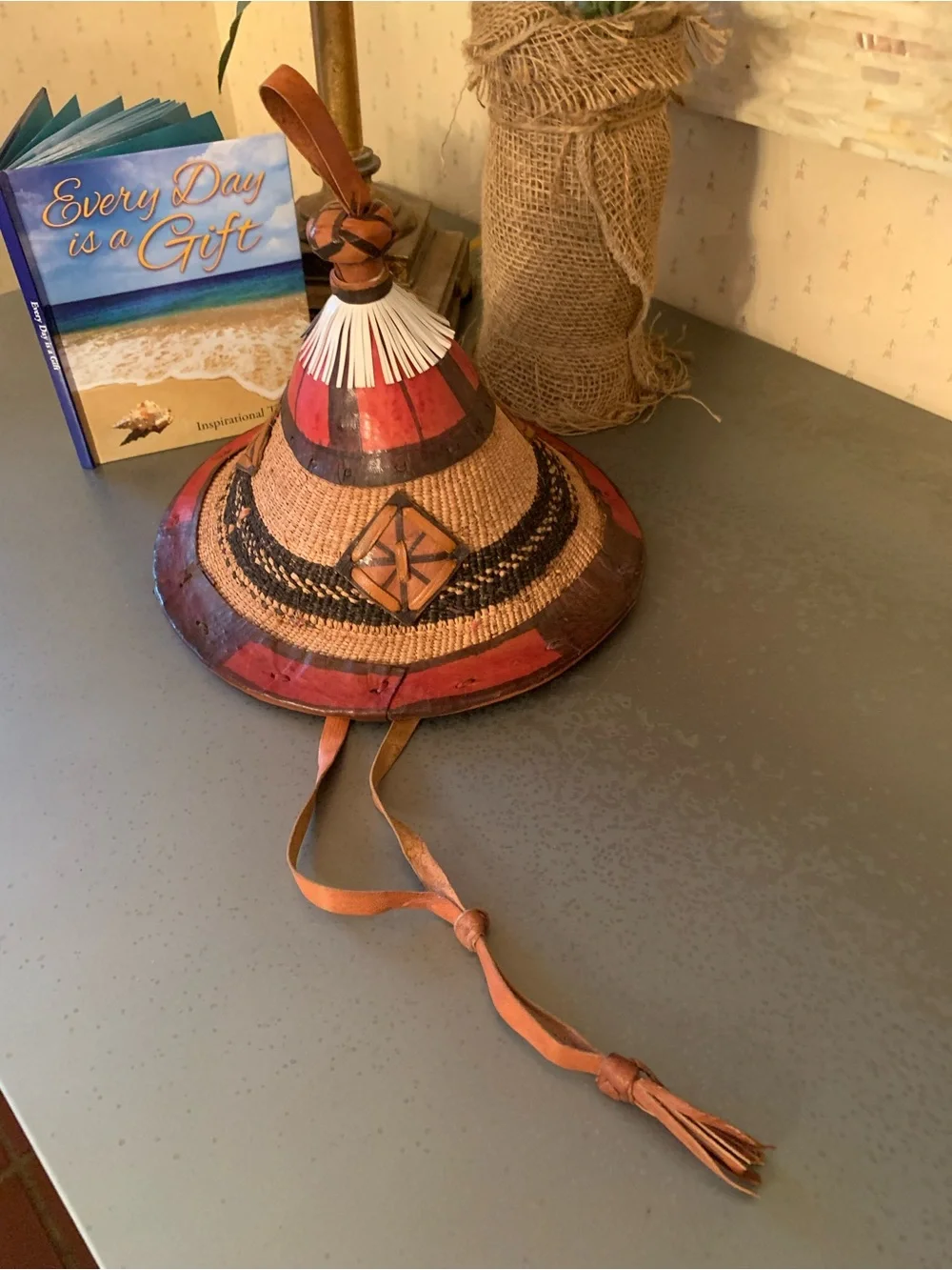 VINTAGE Fulani Hat from West Africa, HANDMADE Conical fiber straw leather trim.